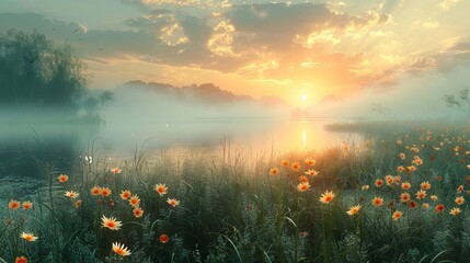 Sunrise over a misty lake with wildflowers. Dawn breaking over a peaceful lake surrounded by flowers. Concept of new beginnings, nature awakening, calm mornings, and scenic sunrise. Digital art - obrazy, fototapety, plakaty