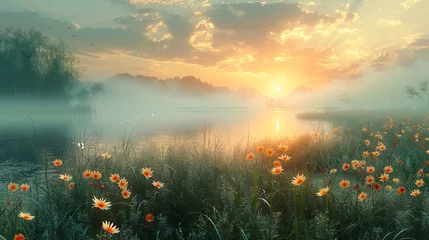 Foto auf Glas Sunrise over a misty lake with wildflowers. Dawn breaking over a peaceful lake surrounded by flowers. Concept of new beginnings, nature awakening, calm mornings, and scenic sunrise. Digital art © Jafree