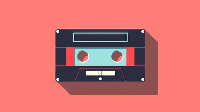 Retro styled cassette tape on a pink background. Vintage audio tape with a nostalgic feel. Concept of retro music, analog technology, audio recording, and 80s nostalgia. Digital art