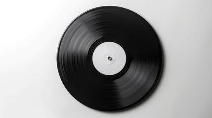 Classic vintage vinyl record isolated on a white background. Black LP with a minimalist look. Concept of retro music, pure sound, vinyl collection, and monochrome aesthetics.
