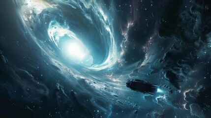 A tranquil scene of a spacecraft entering a wormhole AI generated illustration