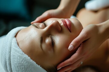 Obraz na płótnie Canvas A woman lying on a massage bed while receiving a facial massage on her face from a professional therapist, Person enjoying a therapeutic massage therapy, AI Generated