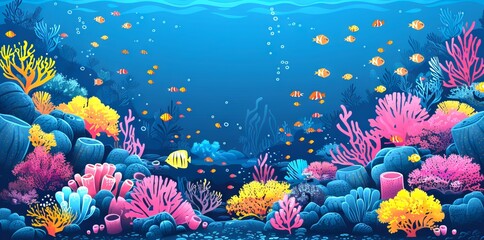 Vibrant coral reef in ocean waters. Colorful corals. Concept of marine life, underwater biodiversity, tropical ecosystem, and natural aquarium. Digital illustration, artwork