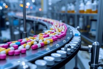 A conveyor belt filled with various vibrant pills moving in a factory production line, Pharmaceutical production line in a modern factory, AI Generated - obrazy, fototapety, plakaty