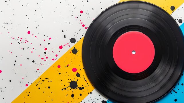 Vintage Vinyl record on a modern art splattered background. Energetic blend of music and paint splashes. Concept of dynamic rhythm, art-infused music, and visual impact. Banner. Copy space. Art