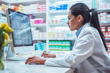 A woman wearing a white lab coat concentrating while working on a computer in a professional laboratory setting, Pharmacist using a computer for managing prescriptions, AI Generated