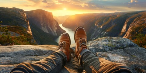 A Hikers View from Above, Legs Dangling over a Calm Fjord, Immersed in the Grandeur of Mountainous Landscapes and the Quiet of Nature, Generative AI - obrazy, fototapety, plakaty