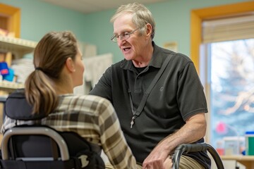 A woman engages in conversation with a man who is seated in a wheelchair, Physical therapist providing support and encouragement to a struggling patient, AI Generated