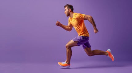 Fototapeta na wymiar Young Athlete in Motion: Profile View of a Running Jumper on Violet Background Generative AI