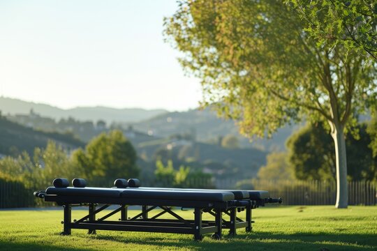 A photo of a park bench situated in the center of a field, offering a place to rest and enjoy the surroundings, Picture an outdoor physical therapy session with a scenic background, AI Generated