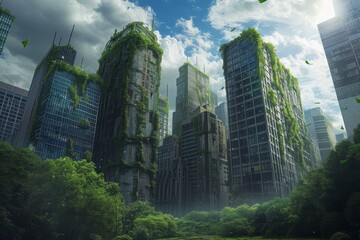 Fototapeta na wymiar Tall Buildings Surrounded by Trees, Post-apocalyptic cityscape taken over by nature, with ivy-covered skyscrapers, AI Generated