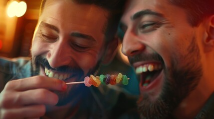Happy gay couple eating rainbow candy
 - obrazy, fototapety, plakaty