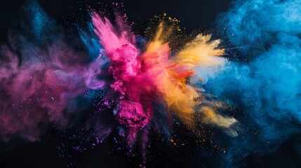 Obraz na płótnie Canvas A vivid explosion of CMYK-colored holi paint powder isolated against a dark background, symbolizing the colorful and dynamic world of printing and manufacturing