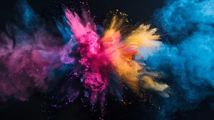 Poster A vivid explosion of CMYK-colored holi paint powder isolated against a dark background, symbolizing the colorful and dynamic world of printing and manufacturing © Orxan