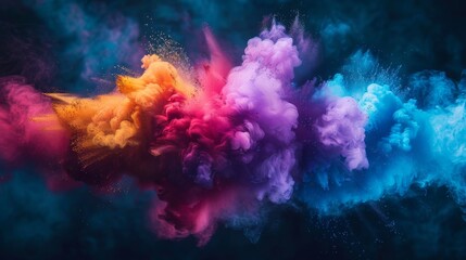 A vivid explosion of CMYK-colored holi paint powder isolated against a dark background, symbolizing the colorful and dynamic world of printing and manufacturing - obrazy, fototapety, plakaty