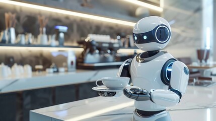 Waiter robot brings the cup of coffee - obrazy, fototapety, plakaty