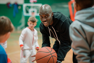 Happy Basketball Coach Holding Basketball and Explaining to Children Training Rules. Kids Play Basketball Game During Training Unit. Basketball Practice for School Kids