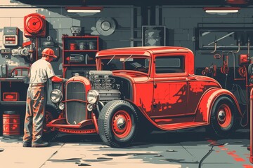 The painting showcases a man actively engaged in repairing a car, Retro-style poster art for a car mechanic's workshop, AI Generated