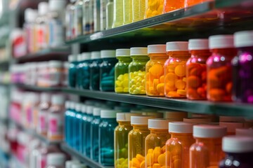 A shelf filled with a diverse array of bottles containing various types of liquid substances, Rows of different colored medicine bottles in a pharmacy, AI Generated - obrazy, fototapety, plakaty