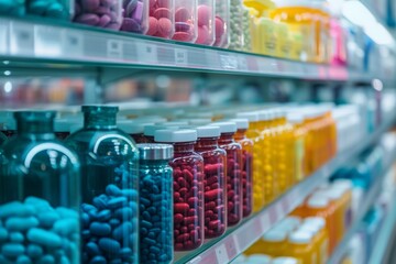 A display case showcasing a wide variety of differently colored items, creating a vibrant and diverse visual display, Rows of different colored medicine bottles in a pharmacy, AI Generated