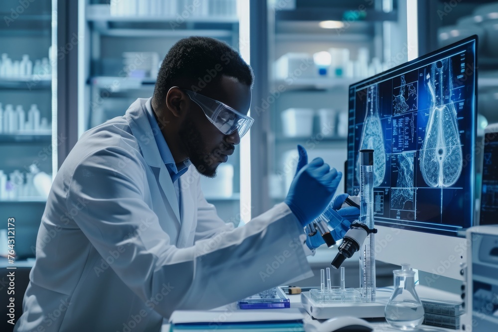 Poster a man wearing a lab coat and goggles is focused on analyzing data displayed on a computer screen in 