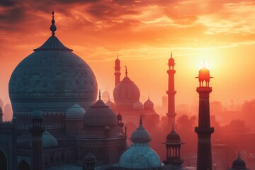 The sun casts its golden rays over the sprawling metropolis as the day comes to an end, Scenic sunset over an architectural landscape of domes and minarets, AI Generated - obrazy, fototapety, plakaty