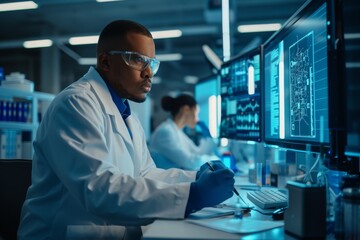 A man in a lab coat focused on his work, typing on a computer in a laboratory setting, Scientist in a lab coat working on an advanced technology, AI Generated