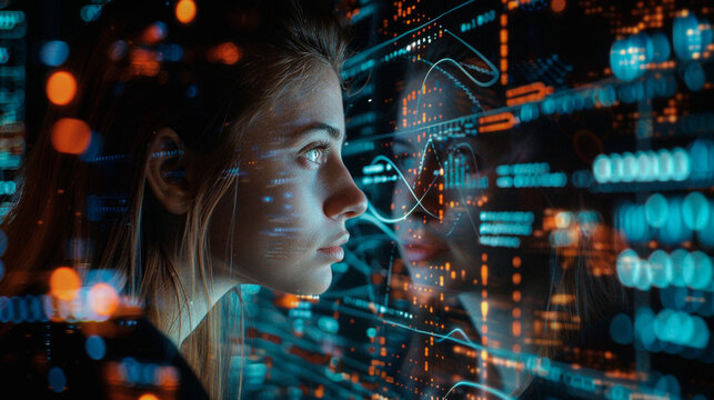 A woman is looking at a computer screen with a lot of numbers and lines