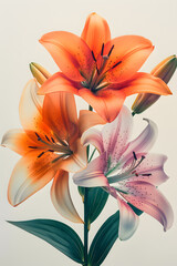 Close up of three colorful lilies on a blank canvas for creative arts