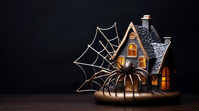 3D spider house with miniature horror house on dark background.