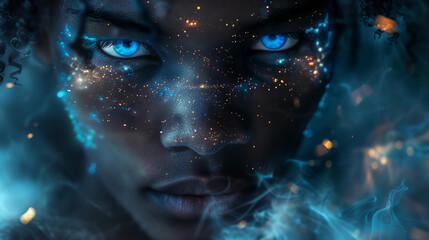 Fototapeta na wymiar closeup of handsome black man with blue eyes, glowing light from within his skin and hair made up of stars and galaxies, fantasy photography, magical realism, ethereal glow