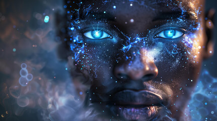  closeup of  handsome black man with blue eyes, glowing light from within his skin and hair made up of stars and galaxies, fantasy photography, magical realism, ethereal glow