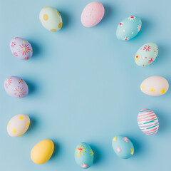 Fototapeta na wymiar A simple blue background with colorful Easter eggs, holiday card
