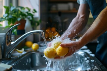A person is seen in a kitchen sink, actively washing a lemon with water, Skillfully managing household chores and work tasks, AI Generated