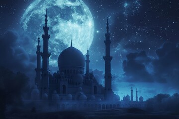 A captivating night scene showing a full moon shining brightly in the sky, Soothing nighttime scene of a mosque under moonlight, AI Generated - obrazy, fototapety, plakaty