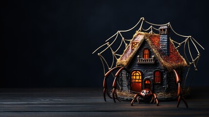 Naklejka premium 3D spider house with miniature horror house on dark background.