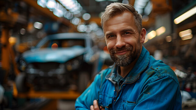 Close-up of a mechanic in work overalls with a car in the background in an auto repair shop