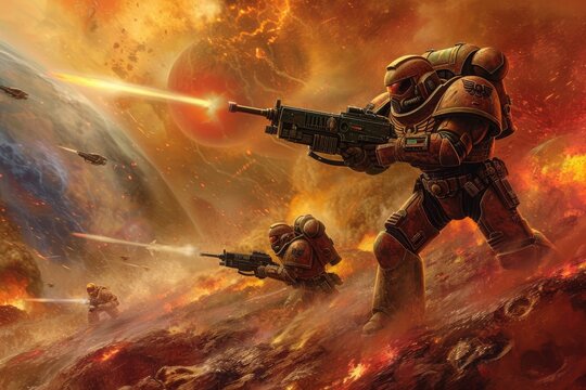 A group of soldiers equipped with firearms are seen in a space setting, prepared for combat, Space Marines engaged in a firefight on a hostile extraterrestrial planet, AI Generated
