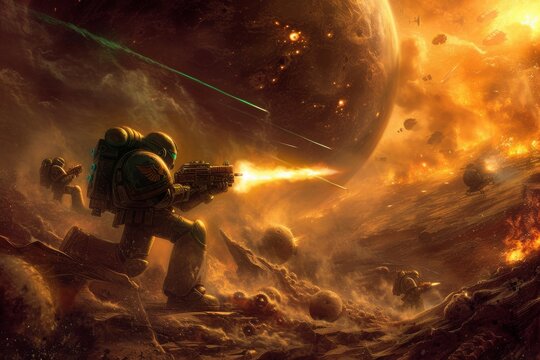 A Painting of a Space Station on a Planet, Space Marines engaged in a firefight on a hostile extraterrestrial planet, AI Generated