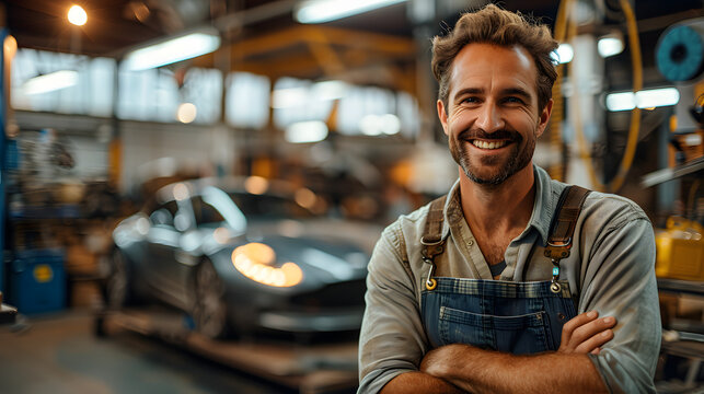 Close-up of a mechanic in work overalls with a car in the background in an auto repair shop
