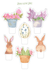 Printable cutout sheet with watercolor flower pots of rose, iris, lilac flowers, easter decorated floral egg, rabbits - hand drawn diy illustration