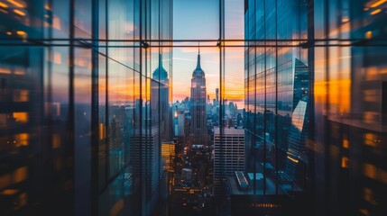 Reflection of a city skyline in a window AI generated illustration - obrazy, fototapety, plakaty