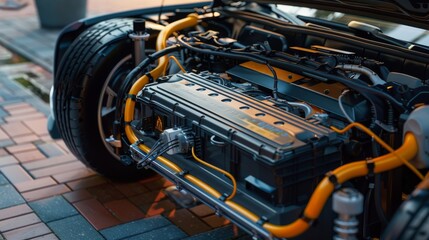 An electric car's eco-friendly engine system, focusing on the battery and wiring, underlining the shift towards greener transportation options - obrazy, fototapety, plakaty