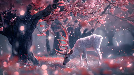 A white deer with tree antlers eating in a field surrounded by bioluminescent cherry blossoms trees at night, photorealistic, 4K, hyper detailed, volumetric light,
