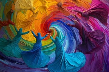 A diverse group of individuals observed a vibrant painting, with their attention captured by the lively colors, Sufi dancers in a whirl of vibrant colors, AI Generated - obrazy, fototapety, plakaty
