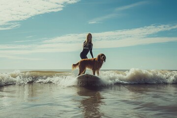 A woman skillfully rides a surfboard in the ocean while her dog sits confidently on top, Surfer with her dog on a surfboard, balancing on a small wave, AI Generated