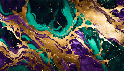 Emerald dark and purple marble abstract background with gold splashes