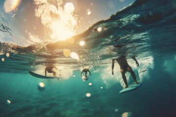 A vibrant image capturing a group of individuals skillfully riding surfboards on the surface of a body of water, Surfers paddling out into the ocean, as seen from under the water, AI Generated - obrazy, fototapety, plakaty