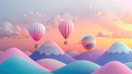 Fototapeta na wymiar Whimsical Mountain Landscape with Colorful Hot Air Balloons at Sunset