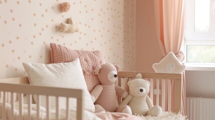 Soft pastel pink and peach tones in a cute polka dot design for a nursery AI generated illustration